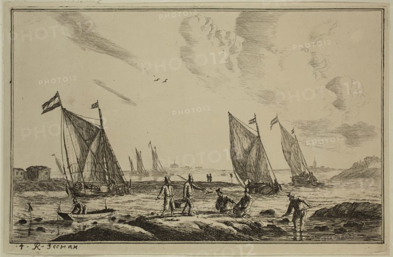 Reinier Nooms, Dutch, 1623-1667, Harbor Scene with Fisherman, 17th century, etching printed in black ink on laid paper, Plate: 5 1/8 × 8 inches (13 × 20.3 cm)