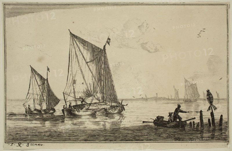Reinier Nooms, Dutch, 1623-1667, Two Sailboats and a Rowboat, 17th century, etching printed in black ink on laid paper, Plate: 5 1/8 × 8 inches (13 × 20.3 cm)