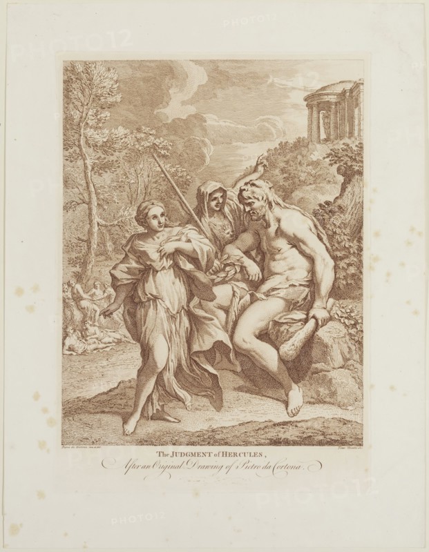 Giuseppi Zocchi, Italian, 1711-1767, after Pietro da Cortona, Italian, 1596-1669, Judgment of Hercules, 18th century, etching and engraving printed in brown ink on wove paper, Plate: 15 3/8 × 11 inches (39.1 × 27.9 cm)