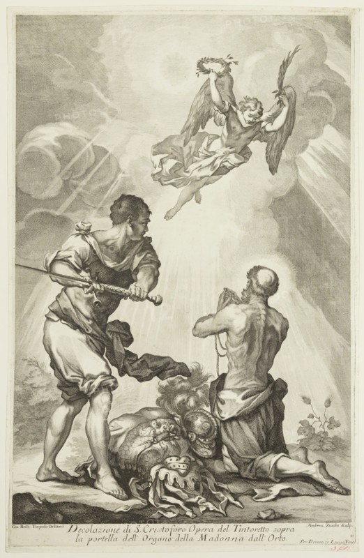 Andrea Zucchi, Italian, 1678-1740, after Giovanni Battista Tiepolo, Italian, 1696-1770, after Tintoretto, Italian, 1519-1594, Martyrdom of Saint Christopher, 18th century, etching and engraving printed in black ink on laid paper, Plate: 23 3/8 × 15 inches (59.4 × 38.1 cm)