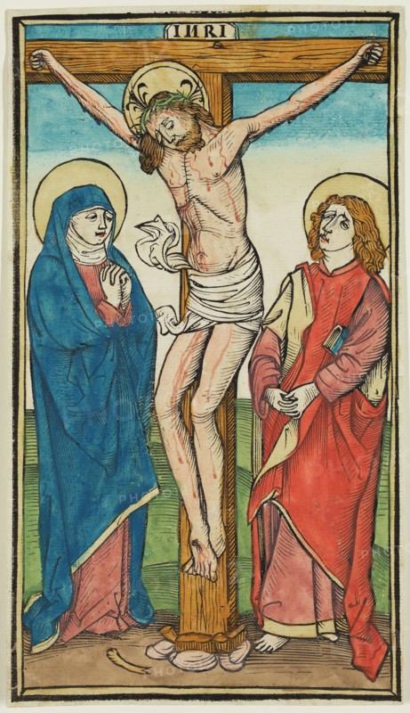 Christ on the Cross, ca. 1485, woodcut printed in black, colored by hand on laid paper, Image: 9 1/4 × 5 1/4 inches (23.5 × 13.3 cm)