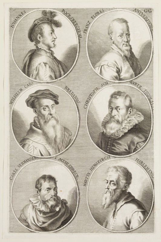 Jacob von Sandrart, German, 1630-1708, Portraits of Johann Pocksberger, Frans Floris, William Caius, Christoph Schwartz, Carel Vermander Meulebreck, and Martin Hemskirch Harlemens., ca. 1683, engraving printed in black ink on laid paper, Plate: 12 1/4 × 8 inches (31.1 × 20.3 cm)