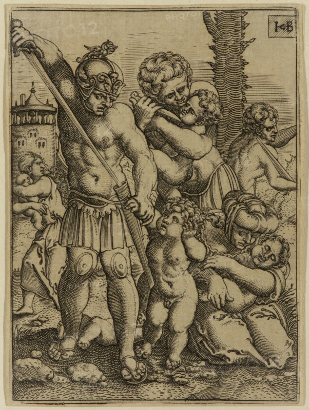 Jakob Binck, German, 1500-1569, The Massacre of the Innocents, between 1500 and 1569, engraving printed in black ink on laid paper, Plate: 3 5/8 × 2 5/8 inches (9.2 × 6.7 cm)