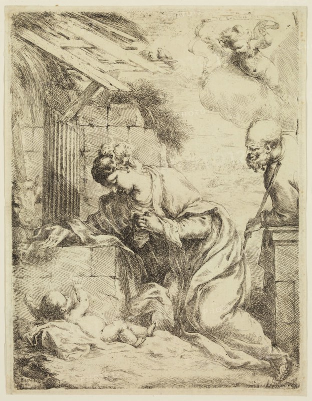 Bartolommeo Biscaino, Italian, 1632-1657, Virgin Adoring the Infant Jesus, 1655, etching printed in black ink on laid paper, Plate: 9 5/8 × 7 1/4 inches (24.4 × 18.4 cm)