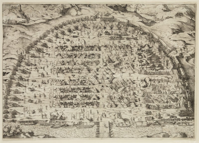 Jobst Amman, German, 1539-1591, Camp in the Half Circle, ca. 1573, etching printed in black ink on laid paper, Plate: 10 3/8 × 14 5/8 inches (26.4 × 37.1 cm)