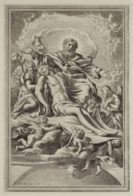 Cornelis Bloemaert the Younger, Dutch, 1603-1684, after Pietro Francesco Mola, Italian, 1612-1666, The Holy Trinity, between 1603 and 1684, engraving printed in black ink on laid paper, Sheet (trimmed within plate mark): 13 1/2 × 9 inches (34.3 × 22.9 cm)