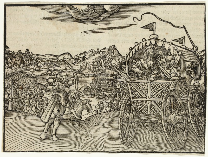 Jobst Amman, German, 1539-1591, Death of Ahab, 1564, woodcut printed in black ink on wove (?) paper, Image and sheet: 4 1/4 × 5 3/4 inches (10.8 × 14.6 cm)
