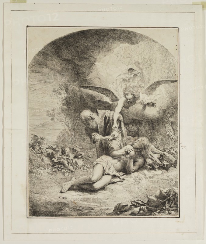 Ferdinand Bol, Dutch, 1616-1680, Abraham Offering Isaac, 17th Century, Etching and engraving printed in black on laid paper, sheet: 16 3/4 x 13 1/2 in.