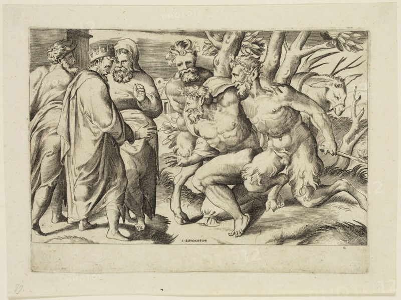 Guilio di Antonio Bonasone, Italian, 1498-1580, Two Satyrs Bring Silenus to King Midas, between 1500 and 1580, engraving printed in black ink on laid paper, Plate: 6 1/4 × 8 5/8 inches (15.9 × 21.9 cm)