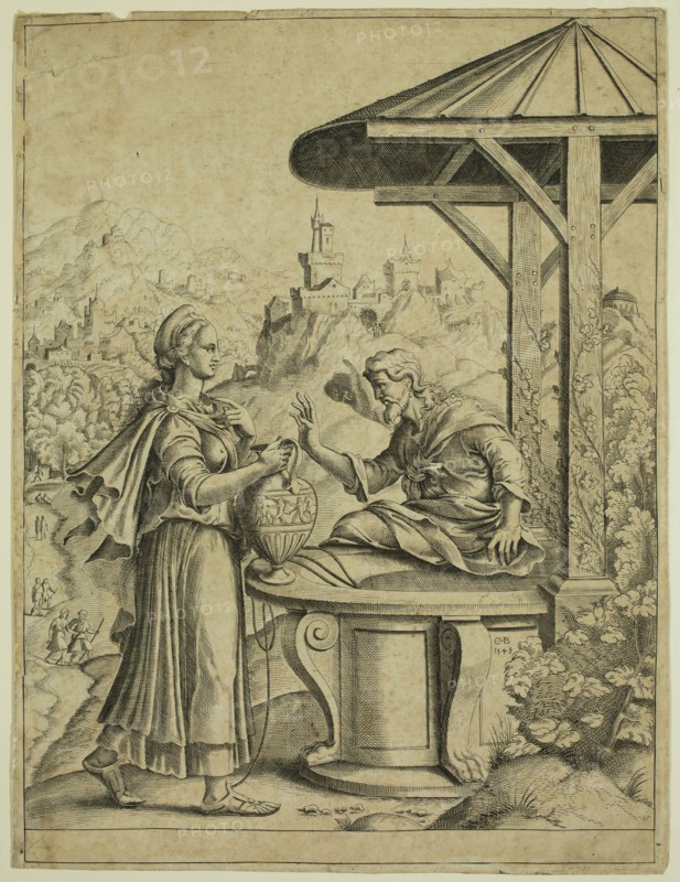 Cornelis Bos, Netherlandish, 1506-1564, Christ at the Well of Samaria, 1548, engraving printed in black ink on laid paper, Plate (and sheet): 11 1/4 × 8 1/2 inches (28.6 × 21.6 cm)