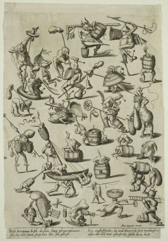 Unknown (Flemish), after Hieronymus Bosch, Netherlandish, 1470-1516, Various Fantastic Figures, between late 15th and early 16th century, engraving printed in black ink on laid paper, Sheet: 8 1/4 × 8 3/8 inches (21 × 21.3 cm)