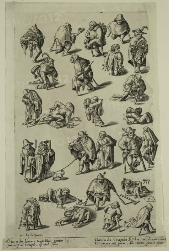 Unknown (Flemish), after Hieronymus Bosch, Netherlandish, 1470-1516, Cripples, Fools, Musicians, and Beggars on Crutches or Wooden Legs, between late 15th and early 16th century, engraving printed in black ink on laid paper, Sheet: 12 3/8 × 8 1/4 inches (31.4 × 21 cm)