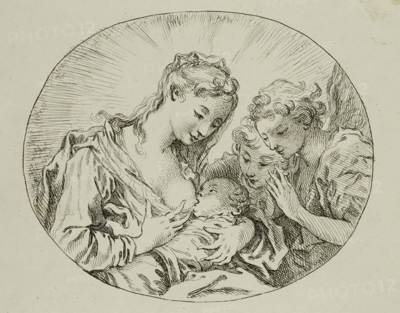François Boucher, French, 1703-1770, Madonna and Child Adored by Angels, between 1703 and 1770, etching printed in black ink on laid paper, Plate: 8 5/8 × 9 7/8 inches (21.9 × 25.1 cm)