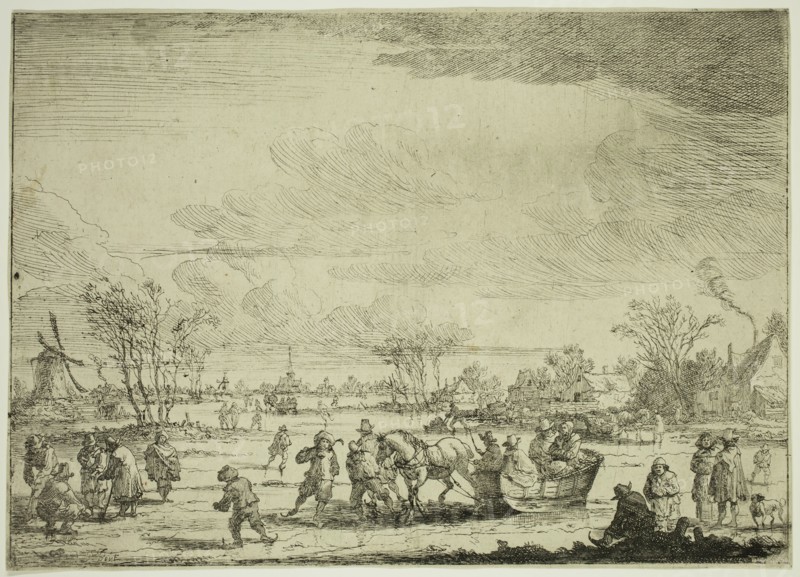 Pieter Bout, Flemish, 1658-1719, The Sleigh on Ice, late 17th/early 18th Century, etching printed in black ink on laid paper, Sheet (trimmed within plate mark): 7 5/8 × 10 5/8 inches (19.4 × 27 cm)