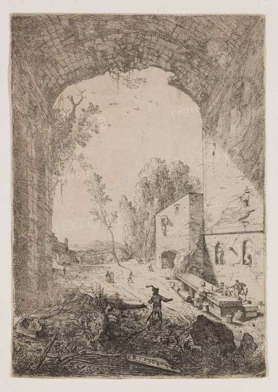 Bartholomeus Breenbergh, Dutch, 1598-1657, The Inn near the Grotto of Egeria, 1640, etching printed in black ink on laid paper, Sheet (trimmed inside plate mark): 7 1/8 × 5 inches (18.1 × 12.7 cm)