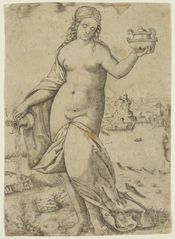 Giovanni Antonio da Brescia, Italian, ca. 1460-1520, Young Woman Watering a Plant, ca. between 1460 and 1520, engraving printed in black ink on laid paper, Sheet (trimmed within plate mark): 6 7/8 × 4 7/8 inches (17.5 × 12.4 cm)