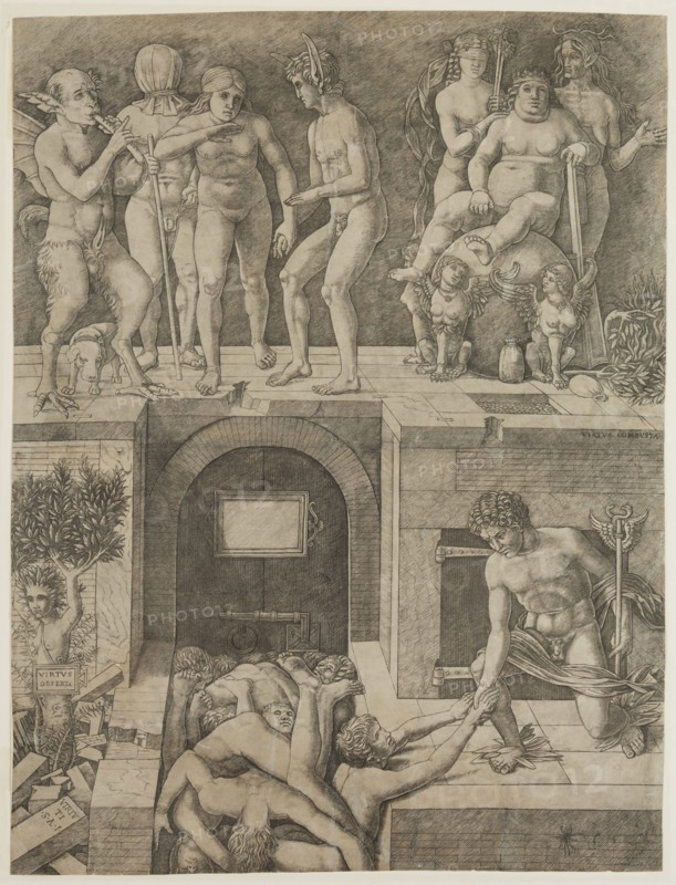 Andrea Zoan, Italian, 1475-1505, after Andrea Mantegna, Italian, 1431-1506, Ignorance and Mercury: An Allegory of Virtue and Vice, 16th Century, engraving printed in black ink on laid paper, sheet (trimmed within platemark): 21 3/4 x 16 1/4 in. (55.2 x 41.2 cm)