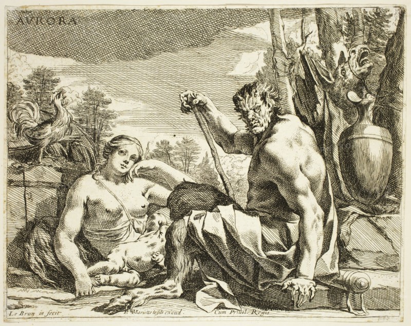 Charles Le Brun, French, 1619-1690, Aurora, between 1619 and 1690, etching printed in black ink on laid paper, Sheet (trimmed within plate mark): 7 1/4 × 9 1/4 inches (18.4 × 23.5 cm)