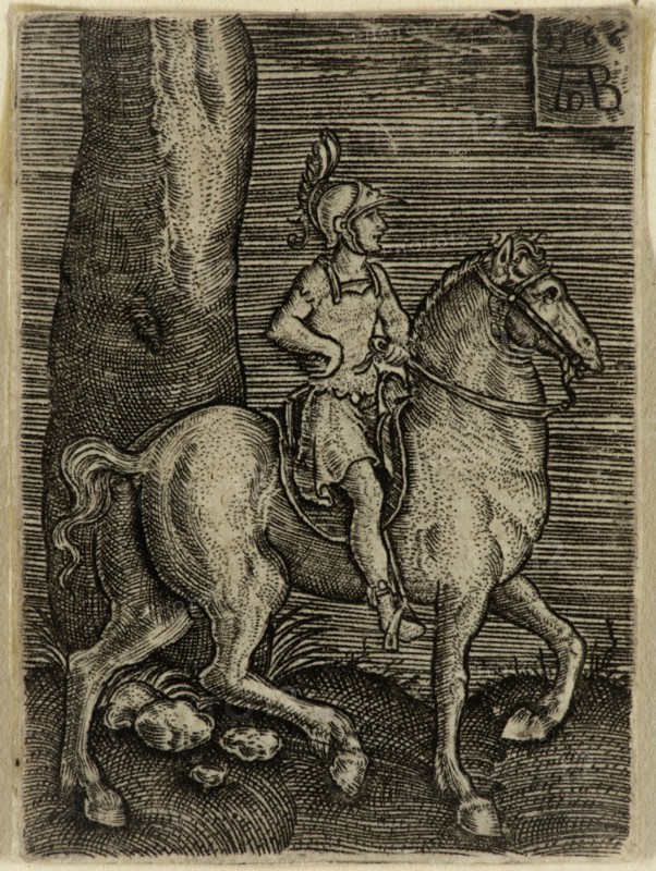 Abraham de Bruyn, Netherlandish, 1540-1587, Roman Emperor on Horseback, 1566, engraving printed in black ink on laid paper, Sheet (trimmed within plate mark): 1 7/8 × 1 3/8 inches (4.8 × 3.5 cm)