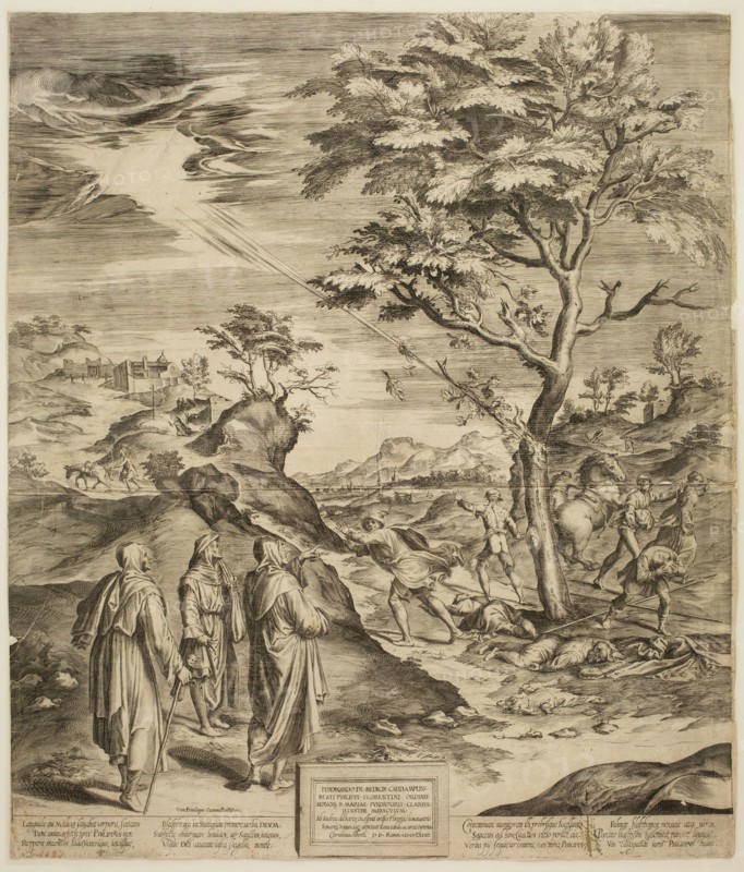 Cherubino Alberti, Italian, 1553-1615, after Andrea del Sarto, Italian, 1486-1530, Saint Philip Benizzi of the Servites Punishing the Blasphemers, ca. 1582, engraving printed in black ink on laid paper, Sheet (trimmed within plate mark): 22 3/4 × 19 3/8 inches (57.8 × 49.2 cm)