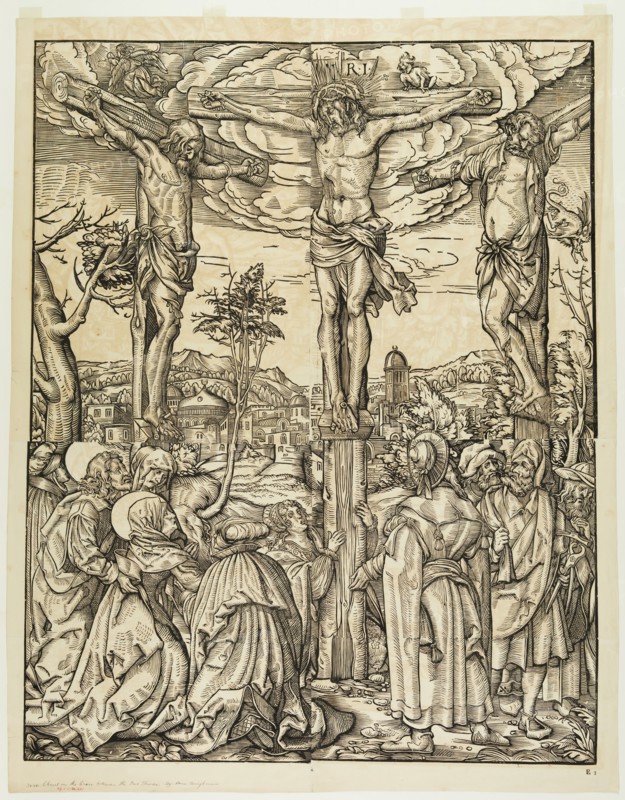 after Hans Burgkmair, German, 1473-1531, Christ on the Cross Between Two Thieves, 19th century, woodcut printed from eight blocks in black ink on wove paper, Image: 33 × 26 1/4 inches (83.8 × 66.7 cm)
