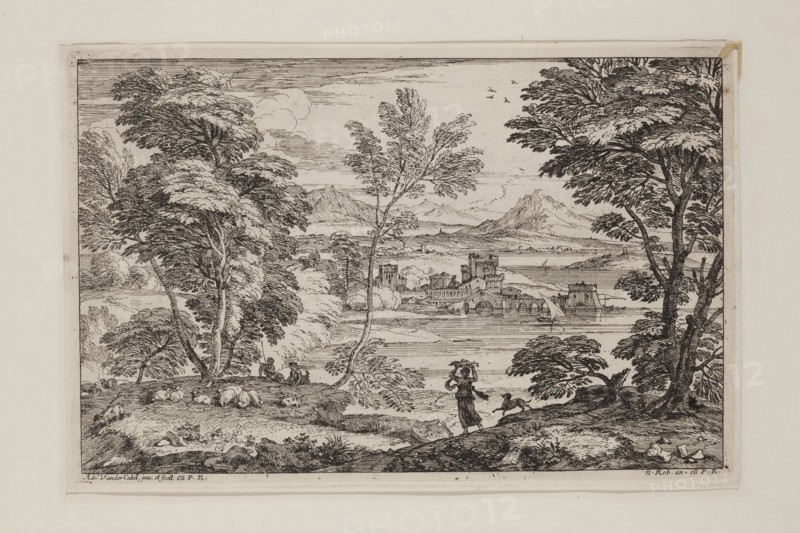 Adrian van der Cabel, Dutch, 1631-1705, Girl with Her Dog, 17th Century, Etching printed black on laid paper, plate: 6 3/8 x 9 7/8 in.