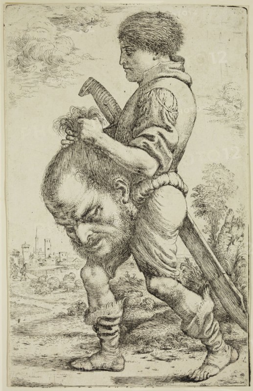 Giuseppe Caletti, Italian, 1600-1660, David with the Head of Goliath, between 1600 and 1660, etching printed in black ink on laid paper, Sheet (trimmed within plate mark): 9 3/4 × 6 1/8 inches (24.8 × 15.6 cm)