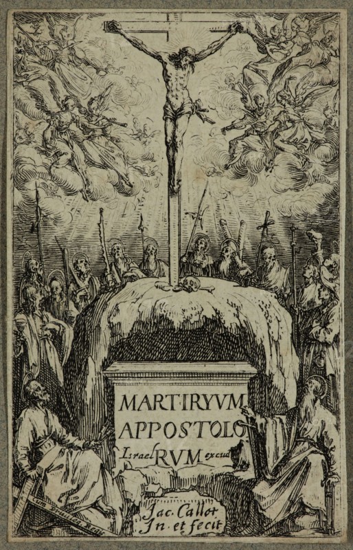 Jacques Callot, French, 1592-1635, Frontispice pour Le Martyre des apotres, between 1630 and 1635, etching printed in black ink on (possibly) laid paper, Sheet (trimmed within plate mark): 2 7/8 × 1 3/4 inches (7.3 × 4.4 cm)