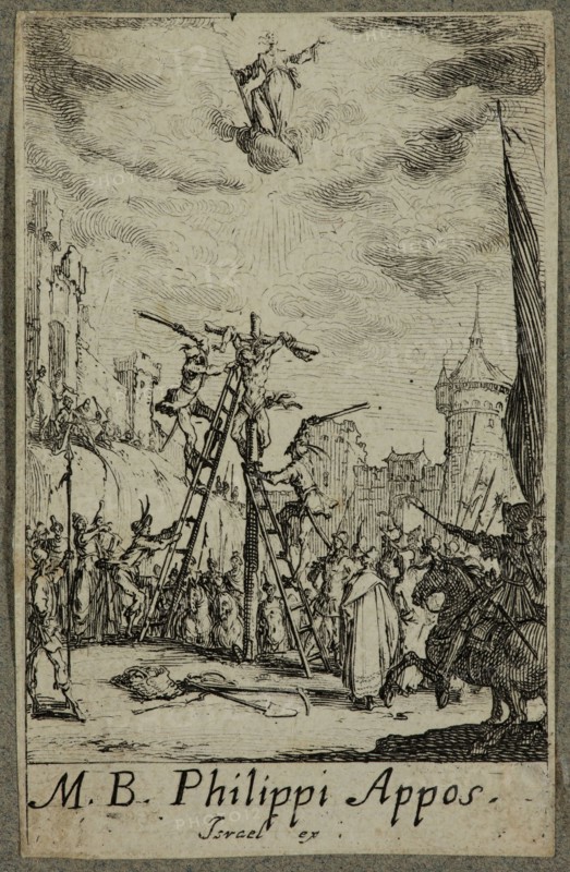 Jacques Callot, French, 1592-1635, Martyre de Saint Philippe, between 1630 and 1635, etching printed in black ink on (possibly) laid paper, Sheet (trimmed within plate mark): 2 3/4 × 1 3/4 inches (7 × 4.4 cm)