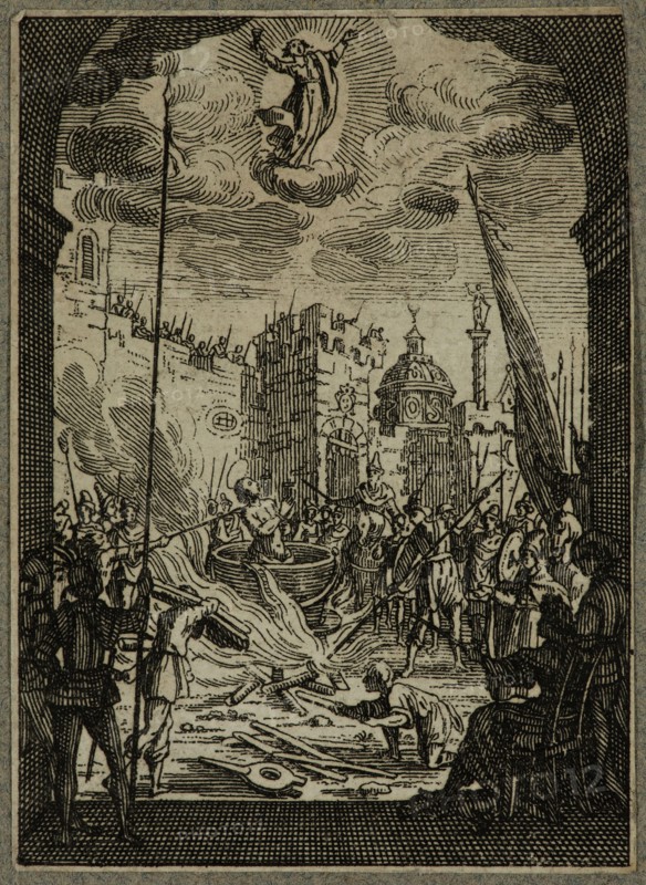 Unknown (French), after Jacques Callot, French, 1592-1635, Martyre de St. Jean L'Evangeliste, between late 16th and mid-17th century, etching printed in black ink on (possibly) laid paper, Sheet (trimmed within plate mark): 2 1/2 × 1 3/4 inches (6.4 × 4.4 cm)