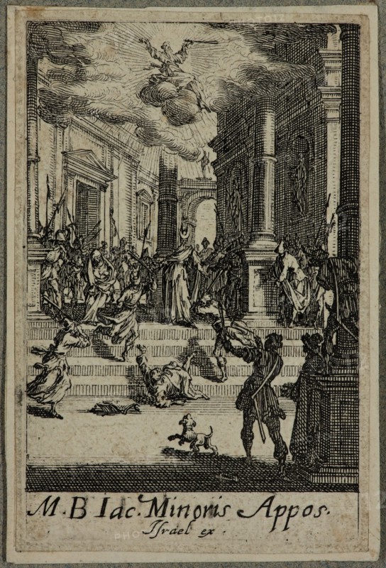 Jacques Callot, French, 1592-1635, Martyre de Saint Jacques le Mineur, between 1630 and 1635, etching printed in black ink on (possibly) laid paper, Sheet (trimmed within plate mark): 3 × 2 inches (7.6 × 5.1 cm)