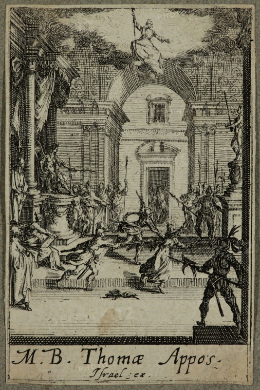 Jacques Callot, French, 1592-1635, Martyre de Saint Thomas, between 1630 and 1635, etching printed in black ink on (possibly) laid paper, Sheet (trimmed within plate mark): 2 7/8 × 1 7/8 inches (7.3 × 4.8 cm)