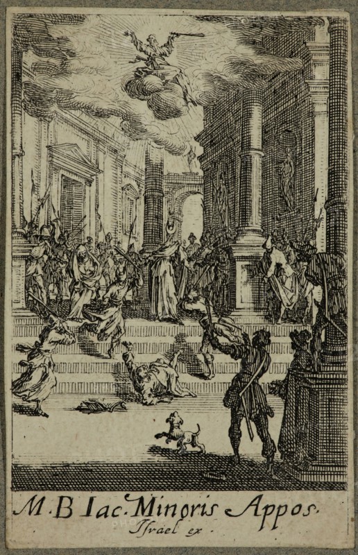 Jacques Callot, French, 1592-1635, Martyre de Saint Jacques le Mineur, between 1630 and 1635, etching printed in black ink on (possibly) laid paper, Sheet (trimmed within plate mark): 2 7/8 × 1 7/8 inches (7.3 × 4.8 cm)