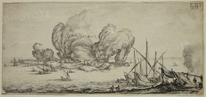 Le grand rocher, ca. 1630, etching printed in black ink on laid paper glued to gray wove paper, Sheet (trimmed within plate mark): 4 1/2 × 9 3/4 inches (11.4 × 24.8 cm)