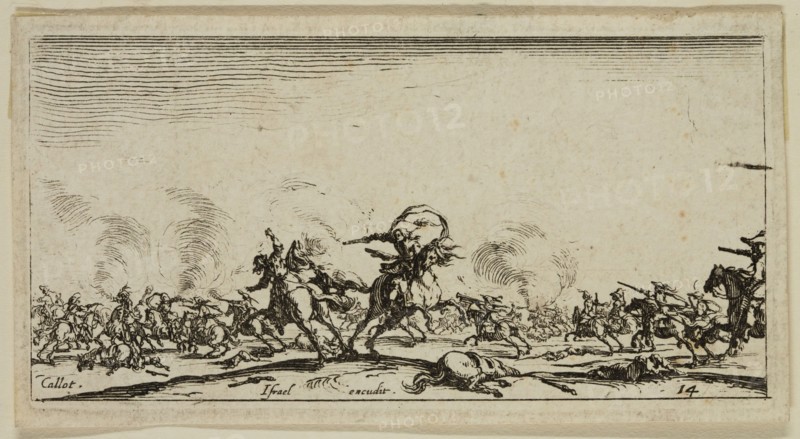 Jacques Callot, French, 1592-1635, Le combat au pistolet, between 1632 and 1634, etching printed in black ink on laid paper, Plate: 1 7/8 × 3 3/4 inches (4.8 × 9.5 cm)
