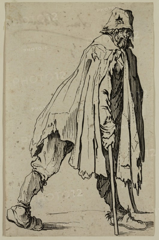 Jacques Callot, French, 1592-1635, Le mendiant aux bequilles coiffe d'un bonnet, early 17th century, etching printed in black ink on laid paper, Sheet (trimmed within plate mark): 5 3/8 × 3 3/8 inches (13.7 × 8.6 cm)