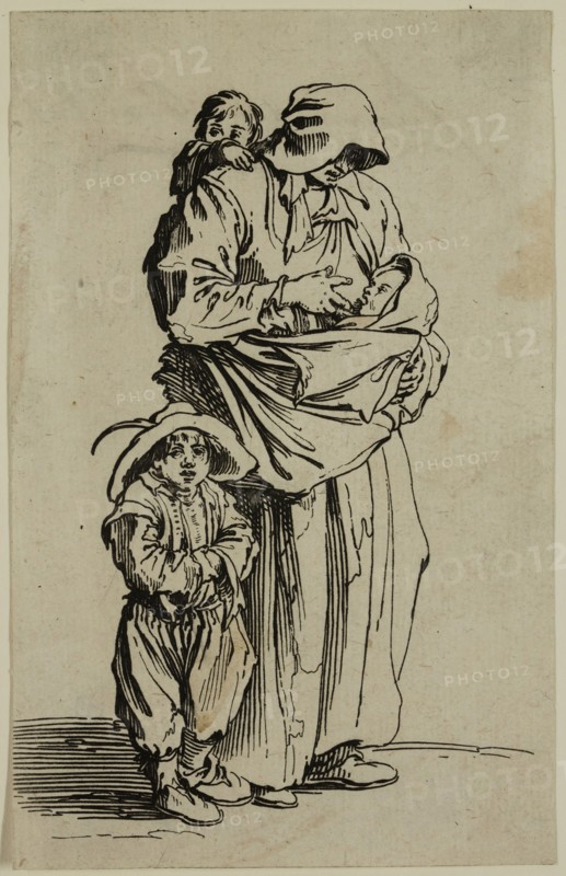 Jacques Callot, French, 1592-1635, La mere et ses trois enfants, early 17th century, etching printed in black ink on laid paper, Sheet (trimmed within plate mark): 5 3/8 × 3 3/8 inches (13.7 × 8.6 cm)