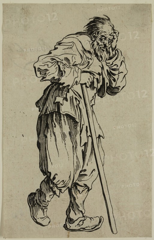 Jacques Callot, French, 1592-1635, La gueux appuye sur un baton, early 17th century, etching printed in black ink on laid paper, Sheet (trimmed within plate mark): 5 3/8 × 3 3/8 inches (13.7 × 8.6 cm)