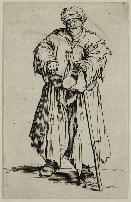 Jacques Callot, French, 1592-1635, Le mendiante obese aux yeux baisses, late 16th/mid 17th Century, etching printed in black ink on laid paper, Sheet (trimmed within plate mark): 5 3/8 × 3 3/8 inches (13.7 × 8.6 cm)