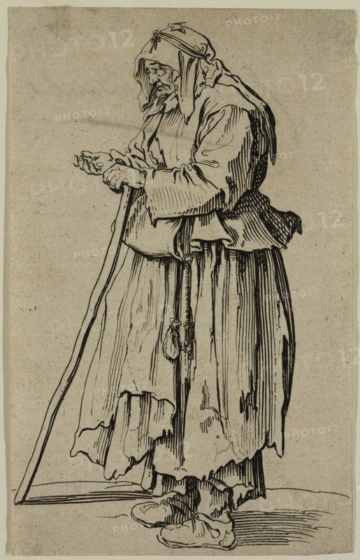 Jacques Callot, French, 1592-1635, La mendiante venant de recevoir la charite, early 17th century, etching printed in black ink on laid paper, Sheet (trimmed within plate mark): 5 3/8 × 3 3/8 inches (13.7 × 8.6 cm)