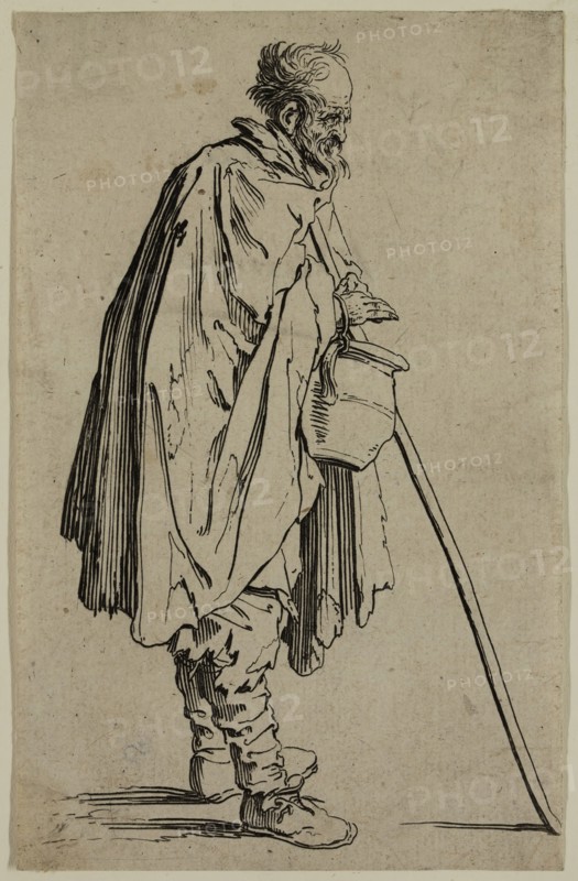 Jacques Callot, French, 1592-1635, Le mendiant au couvet, early 17th century, etching printed in black ink on laid paper, Sheet (trimmed within plate mark): 5 3/8 × 3 3/8 inches (13.7 × 8.6 cm)