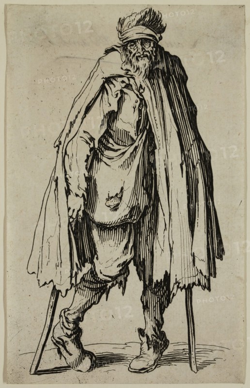 Jacques Callot, French, 1592-1635, Le mendiant aux bequilles et a la besace, early 17th century, etching printed in black ink on laid paper, Sheet (trimmed within plate mark): 5 3/8 × 3 3/8 inches (13.7 × 8.6 cm)