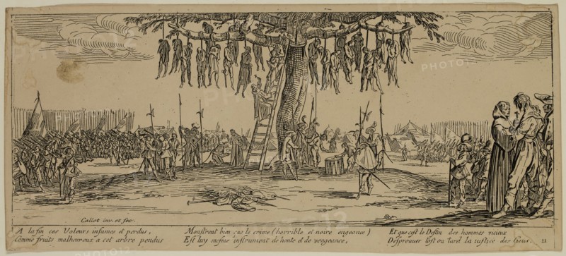 Unknown (French), after Jacques Callot, French, 1592-1635, La pendaison, between late 18th and 19th century, etching printed in black ink on wove paper, Sheet (trimmed within plate mark): 3 3/8 × 7 1/2 inches (8.6 × 19.1 cm)