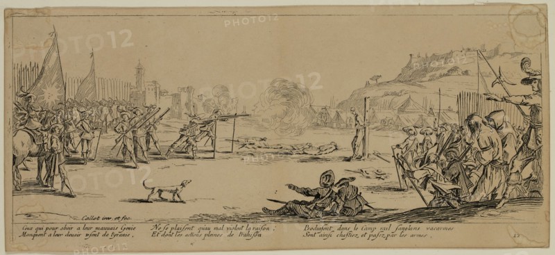 Unknown (French), after Jacques Callot, French, 1592-1635, L'Arquebusade, between late 18th and 19th century, etching printed in black ink on wove paper, Sheet (trimmed within plate mark): 3 3/8 × 7 1/2 inches (8.6 × 19.1 cm)