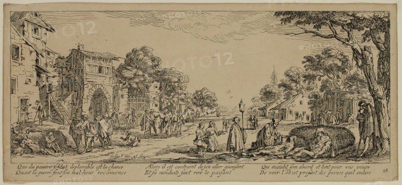 Unknown (French), after Jacques Callot, French, 1592-1635, Les mourants sur le bord des routes, between late 18th and 19th century, etching printed in black ink on wove paper, Sheet (trimmed within plate mark): 3 3/8 × 7 1/2 inches (8.6 × 19.1 cm)