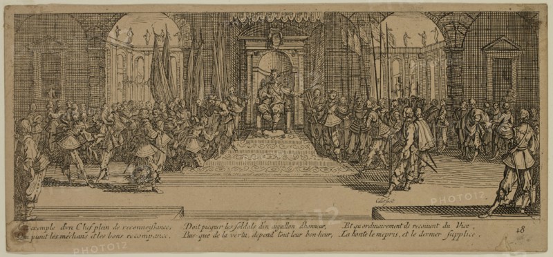 Unknown (French), after Jacques Callot, French, 1592-1635, Distribution des recompenses, between late 18th and 19th century, etching printed in black ink on wove paper, Sheet (trimmed within plate mark): 3 3/8 × 7 1/2 inches (8.6 × 19.1 cm)
