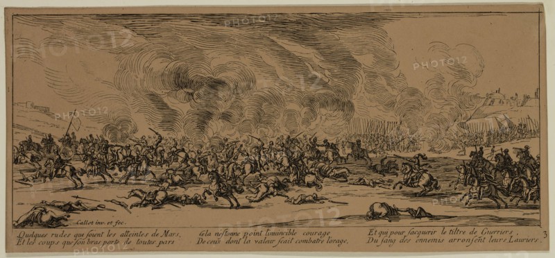 Unknown (French), after Jacques Callot, French, 1592-1635, La bataille, late 18th century and 19th century, etching printed in black ink on wove paper, Sheet (trimmed within plate mark): 3 3/8 × 7 1/2 inches (8.6 × 19.1 cm)