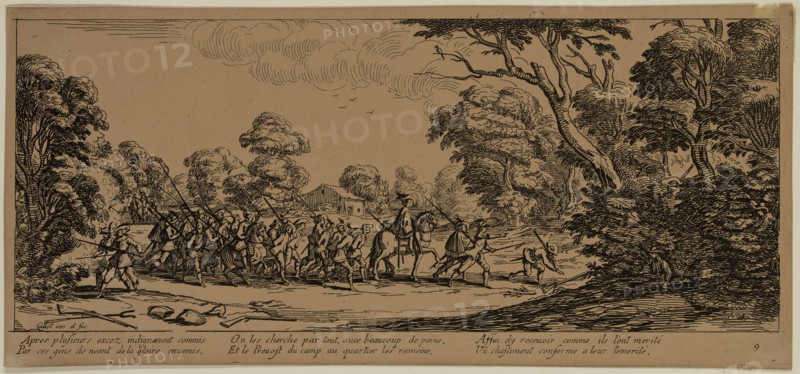 Unknown (French), after Jacques Callot, French, 1592-1635, Decouverte des malfaiteurs, between late 18th and 19th century, etching printed in black ink on wove paper, Sheet (trimmed within plate mark): 3 3/8 × 7 1/2 inches (8.6 × 19.1 cm)