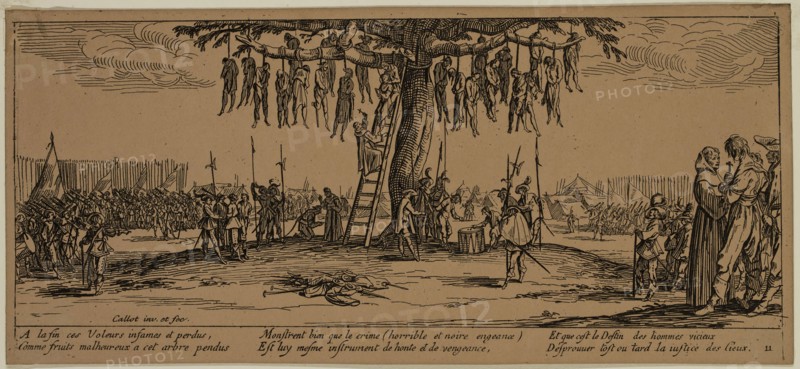 Unknown (French), after Jacques Callot, French, 1592-1635, La pendaison, between late 18th and 19th century, etching printed in black ink on wove paper, Sheet (trimmed within plate mark): 3 3/8 × 7 3/8 inches (8.6 × 18.7 cm)