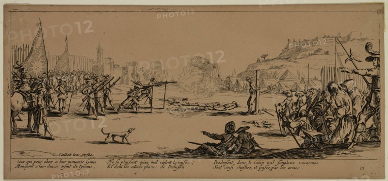 Unknown (French), after Jacques Callot, French, 1592-1635, L'arquebusade, between late 18th and 19th century, etching printed in black ink on wove paper, Sheet (trimmed within plate mark): 3 3/8 × 7 1/2 inches (8.6 × 19.1 cm)